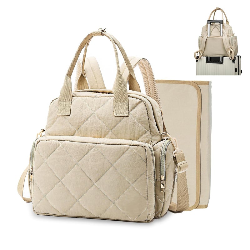 Mozzilog Large Diaper Bags with Changing Pad, 6 in 1 Travel Diapers Backpack, Baby Bag for Mom Quilted Mommy Daipering, Hospital Bag for Women Labor Delivery Maternity Tote (Light Khaki) - Image 1